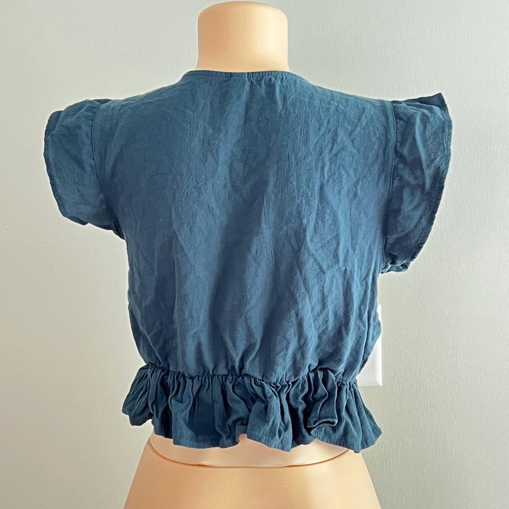 Madewell Crop Top Womens Medium V-Neck Ruffle Hem Flutter Sleeve Blue Boho Chic - Picture 3 of 6